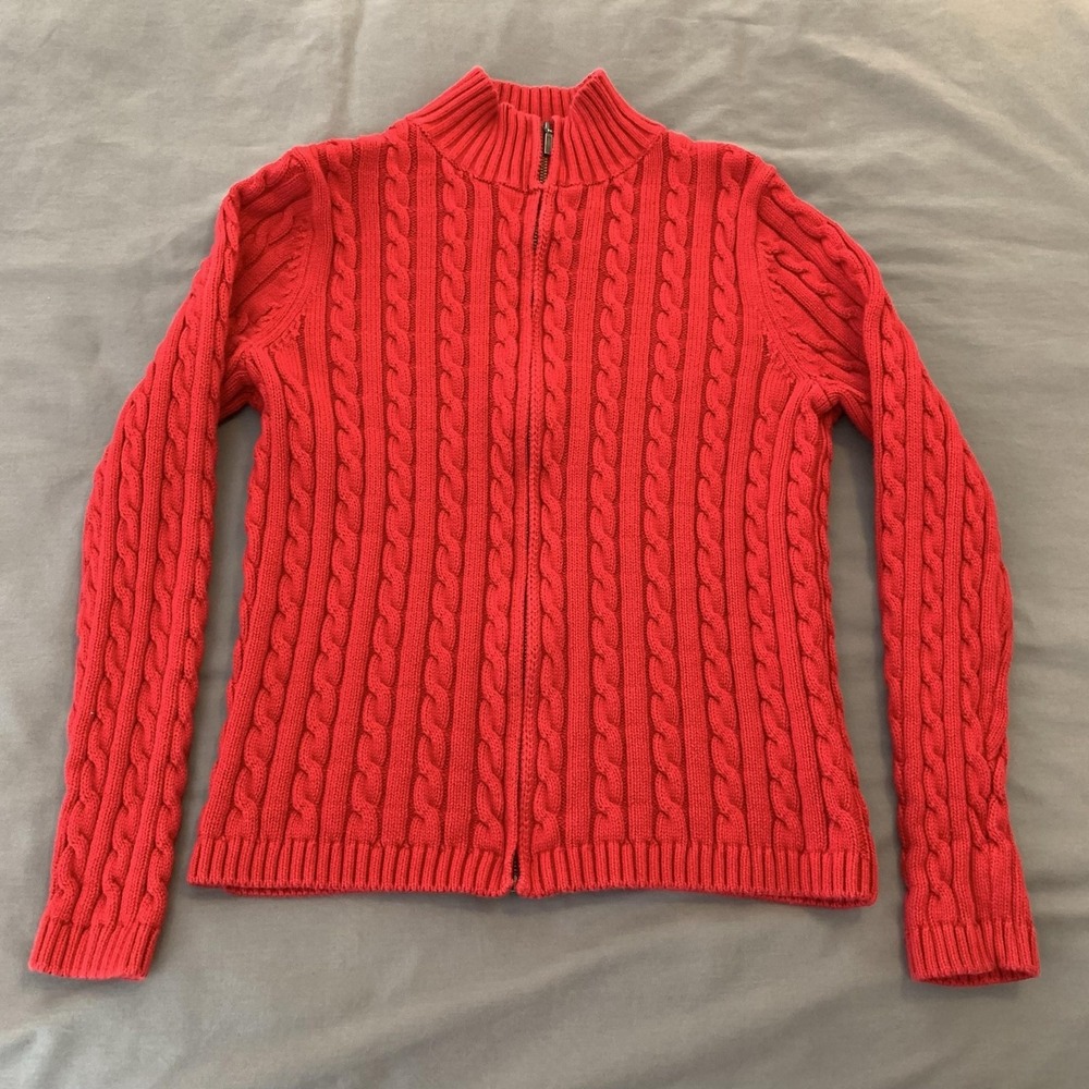 LL Bean Cardigan Sweater Womens Medium Red Cable Knit Full Zip Mock Neck Cotton
